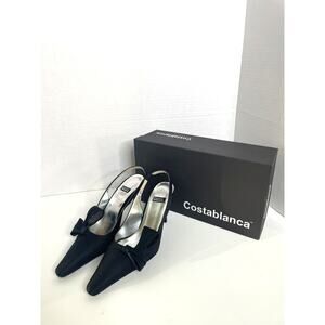 Costablanca Black Satin Stiletto Heel Slingback Pump Bow Evening Shoe Size 6 Med
